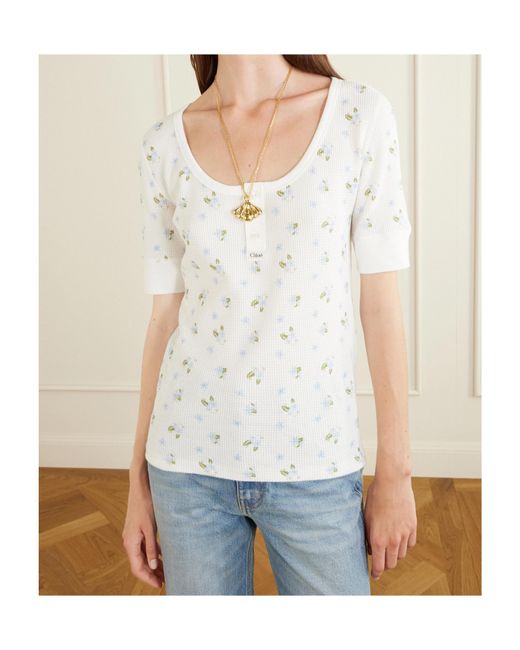 Chloé White Floral-Print Waffle-Knit Cotton-Jersey T-Shirt