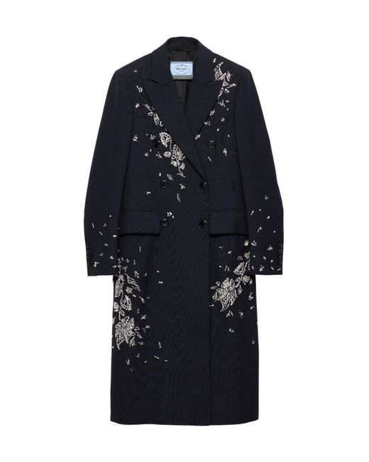 Prada Blue Embroidered Double-Breasted Rush Stitch Wool Coat