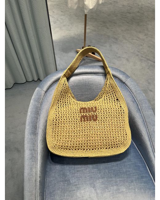 Miu Miu Gray Raffia-Effect Woven Hobo Bag