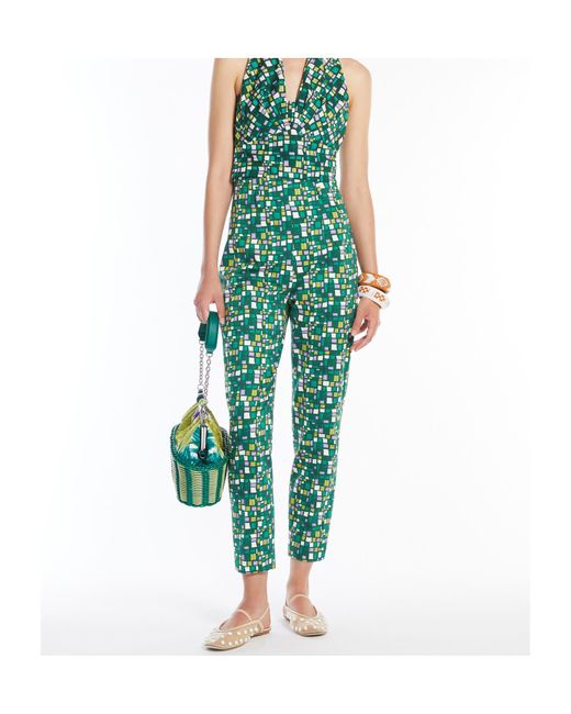 Weekend by Maxmara Printed Stretch Cotton Trousers in Green