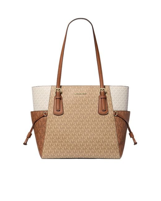 Michael Kors Natural Voyager Large Color-Block Signature Logo Tote Bag