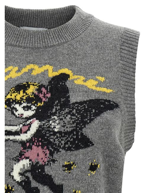 Ganni Gray Graphic Intarsia Knitted Top