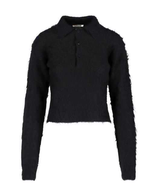 Auralee Black Fuzzy Polo Knitted Sweater