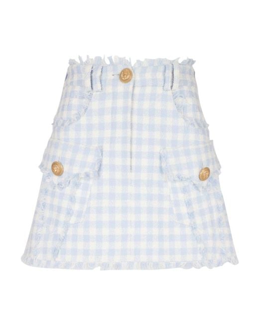 Balmain White Gingham Tweed A-Line Skirt