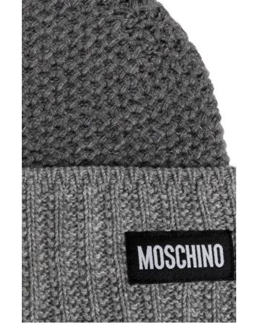 Moschino Gray Logo Patch Knitted Hat for men