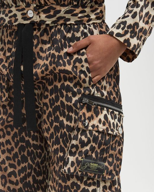 Ganni Black Leopard Duchesse Nylon Cargo Trousers