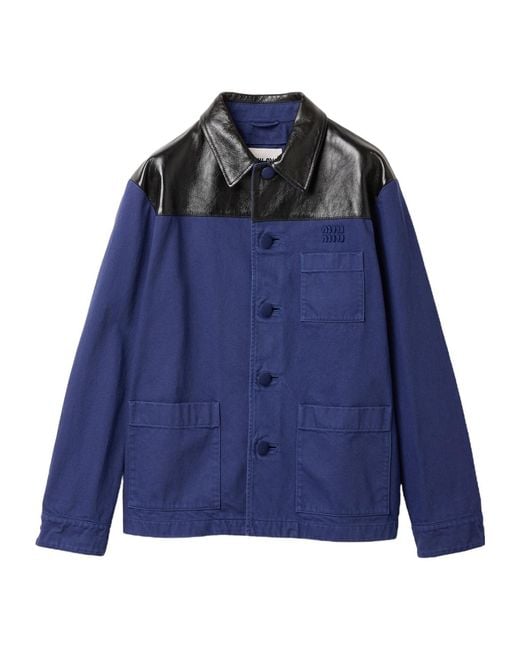 Miu Miu Blue Single-Breasted Garment-Dyed Gabardine And Leather Jacket
