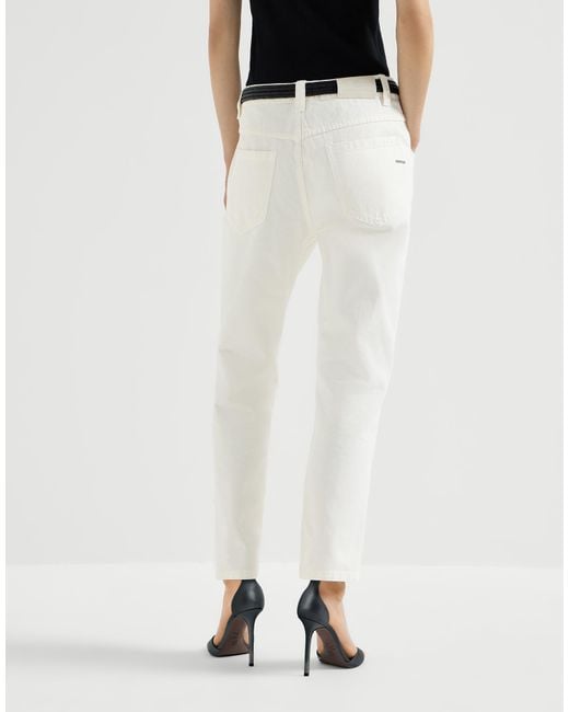 Brunello Cucinelli White Dyed Denim Five-Pocket Straight Trousers With Shiny Bartack