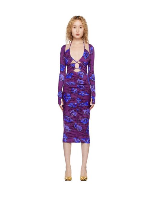 Versace Jeans Purple Couture Floral-Printed Cut-Out Detailed Midi Dress