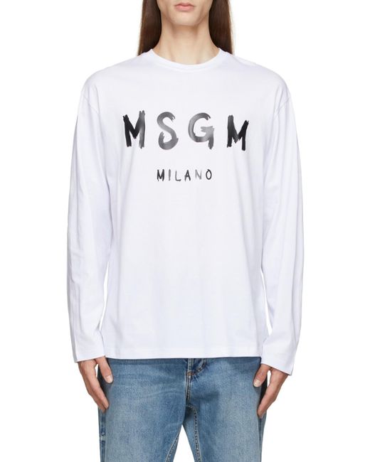 MSGM White Logo Printed Long-Sleeved T-Shirt for men