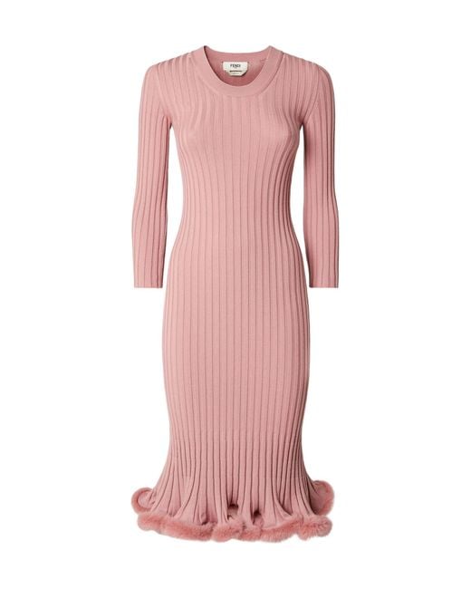 Fendi Pink Flared-Edge Ribbed-Knit Midi Dress