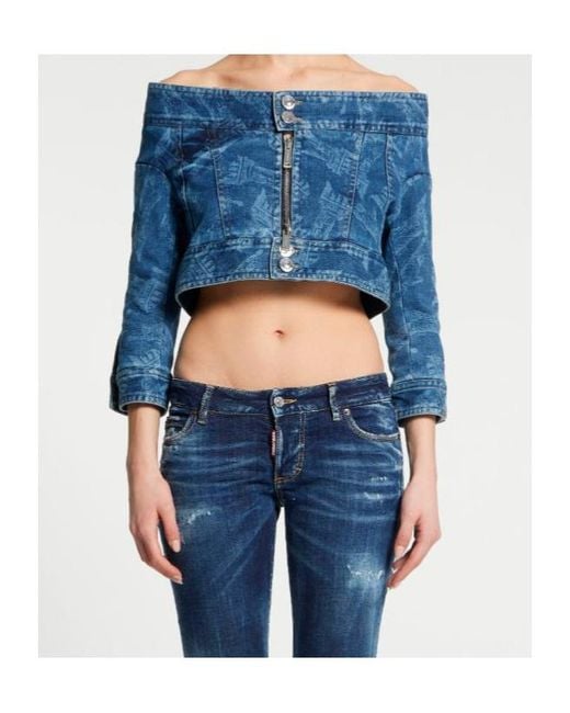 DSquared² Blue X Vaquera Offer-Shoulder Cropped Denim Jacket