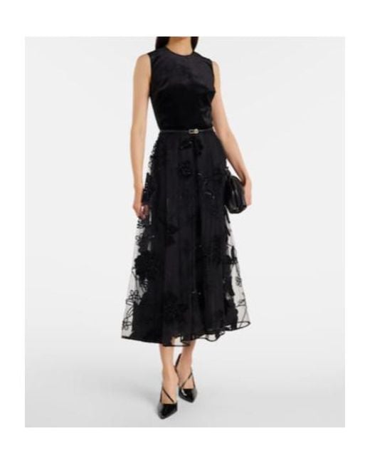 Elie Saab Black Embroidered Tulle And Velvet Midi Dress