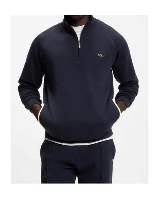 Boss Blue Cotton-Blend Jacket With Metallic Logo for men