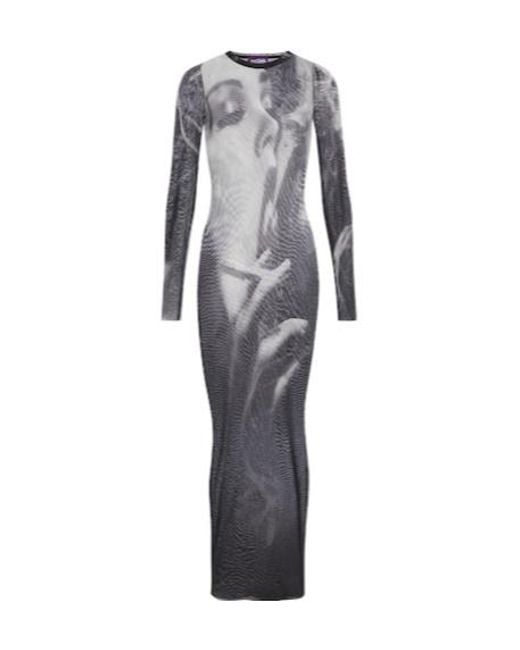 Jean Paul Gaultier Gray Printed Mesh Maxi Dress