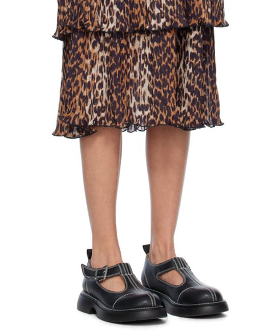 Ganni Brown Leopard Printed Pleated U-Neck Midi Dress