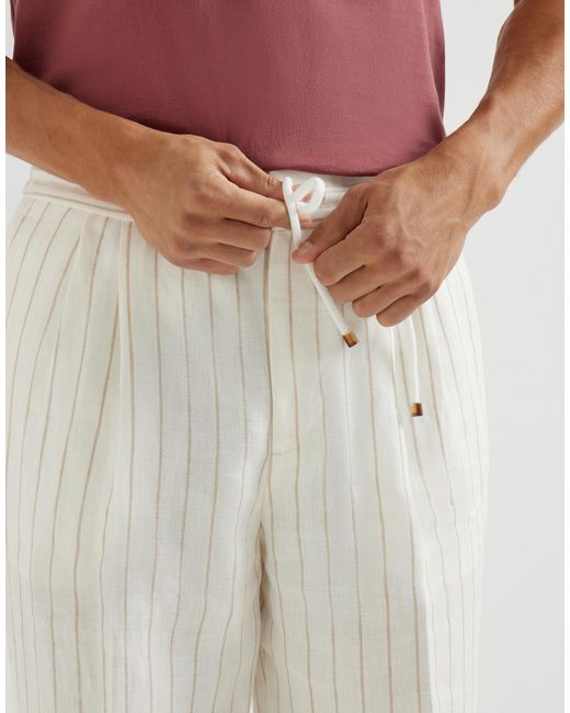 Brunello Cucinelli White Stripe Drawstring Pleated Trousers for men
