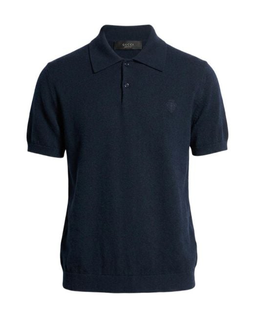 Gucci Blue Knit Cashmere Polo Shirt With Embroidery for men