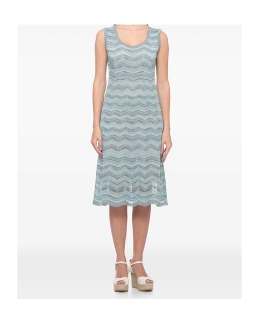D.exterior Blue Chevron-Knit Metallic-Thread Midi Dress
