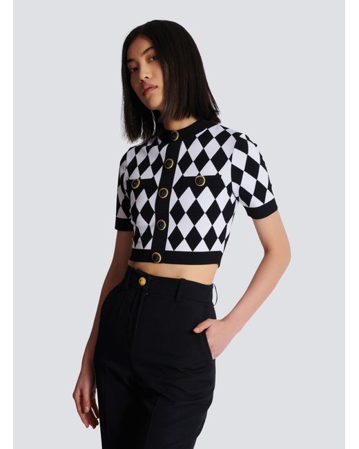 Balmain Black Buttoned Diamond Crop Top