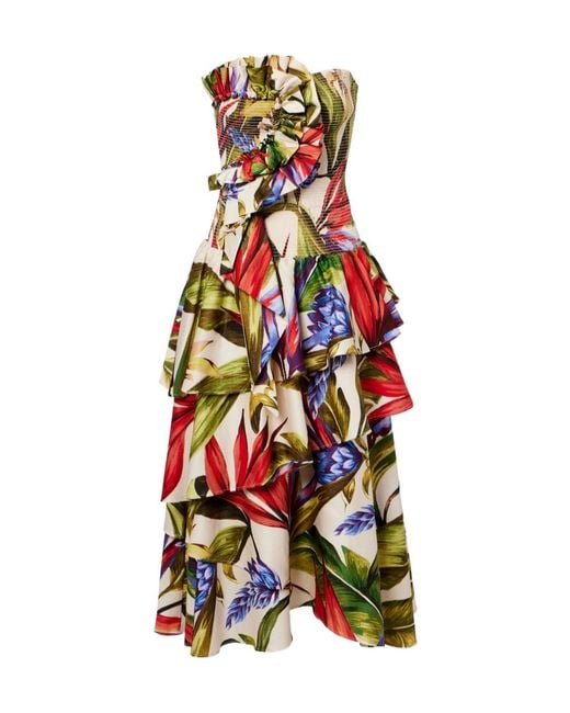 Farm Rio White Floral Ruffled Cotton Midi Dress