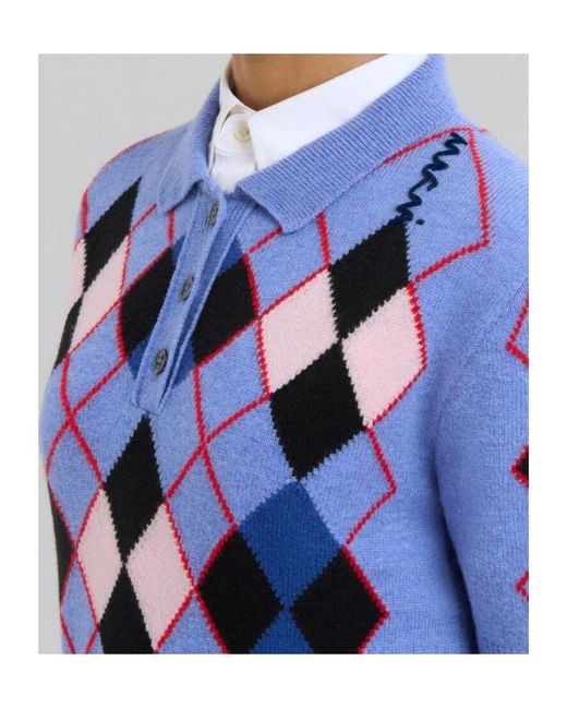 Marni Blue Argyle Knit Polo Shirt