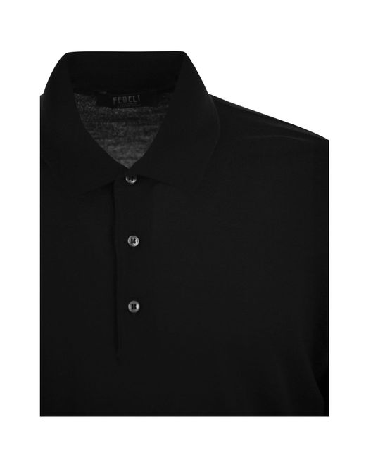 Fedeli Black Virgin Wool Long-Sleeve Polo Shirt for men