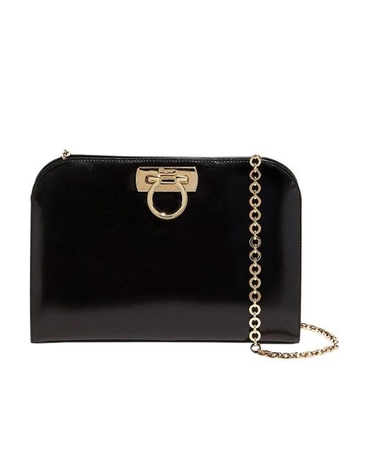 Ferragamo Black Logo Plaque Chain Linked Clutch