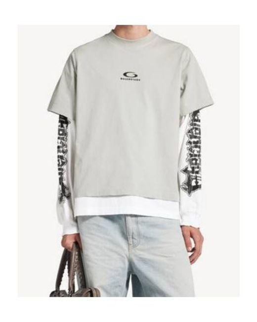 Balenciaga Gray Logo Double-Layer T-Shirt for men