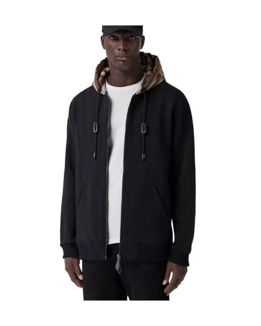 Burberry Black Check Hood Cotton Blend Zip Hoodie for men