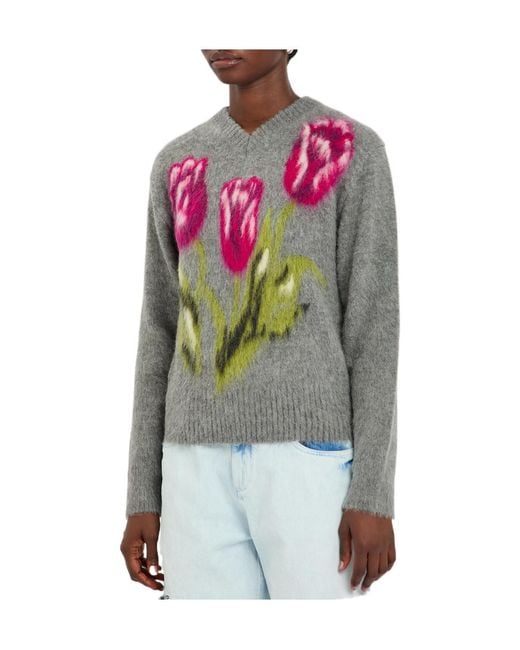 Maison Margiela Gray Floral-Intarsia Brushed Wool-Blend Jumper