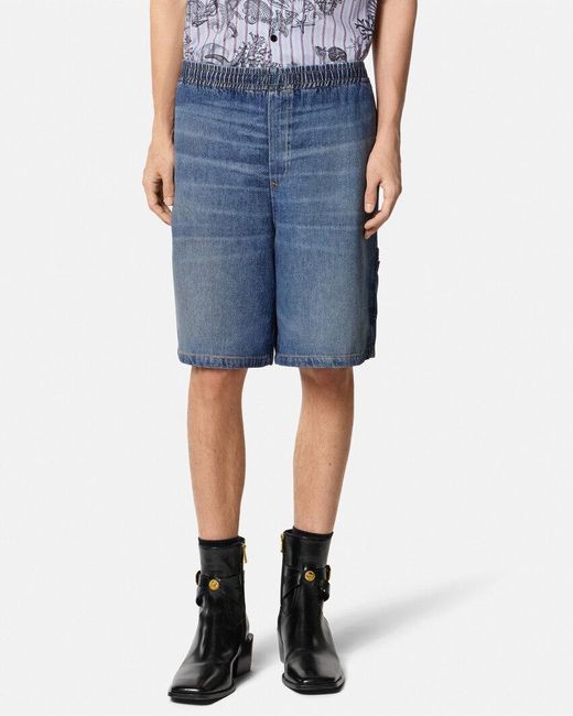 Versace Blue Elastic Waist Denim Shorts for men
