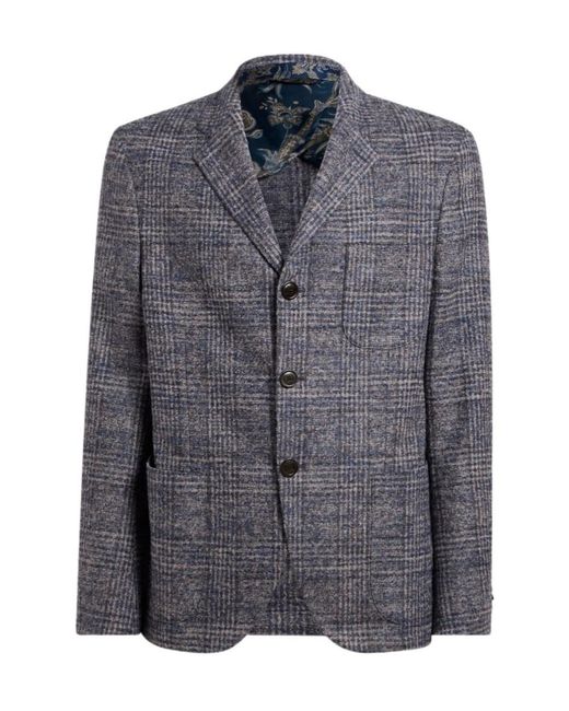 Etro Blue Check-Pattern Notched-Lapel Blazer for men