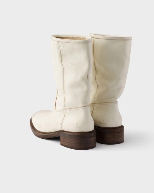 Prada Natural Leather Vintage-Effect Mid-Calf Boots 30