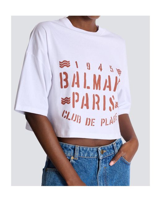Balmain White Plage Cropped Logo T-Shirt