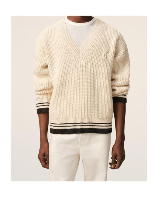 Ami Paris Long-Sleeved V-Neck Jumper in Natural for Men | Lyst UK