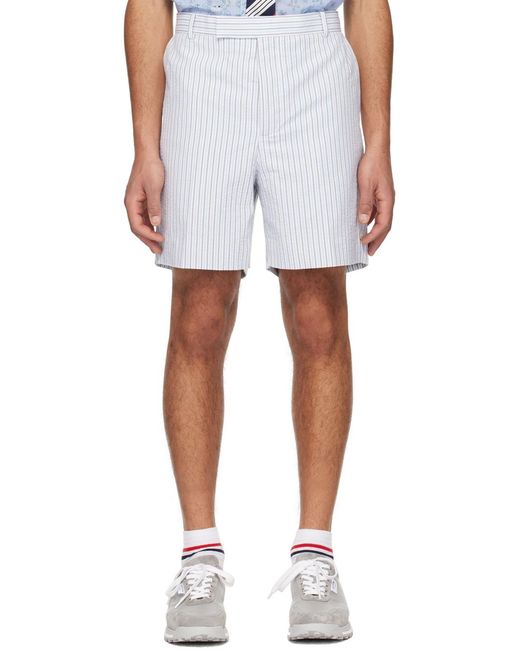 Thom Browne White Logo Tag Striped Seersucker Shorts for men