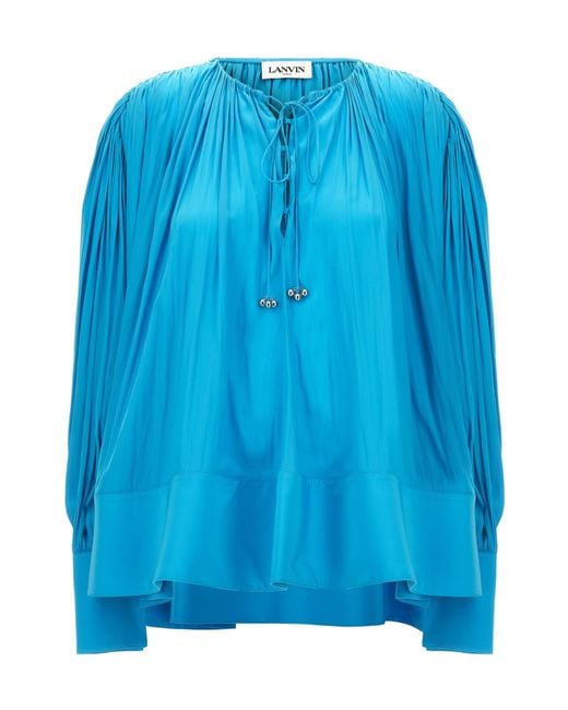 Lanvin Blue Wide Blouse With V-Neck And Drawstring Detail