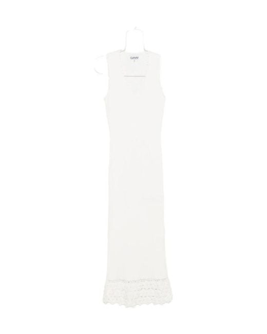 Ganni White Crochet Trim Knitted Dress