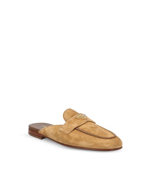 Prada Brown Logo-Plaque Flat Mules