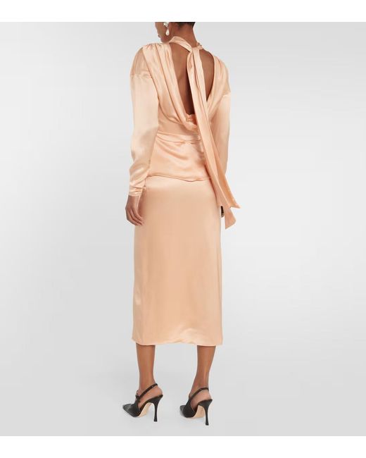 Alessandra Rich Pink Tie-Neck Silk Satin Midi Dress