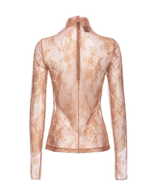 Pinko Pink Lace-Detailed Roll-Neck Semi-Sheer Top