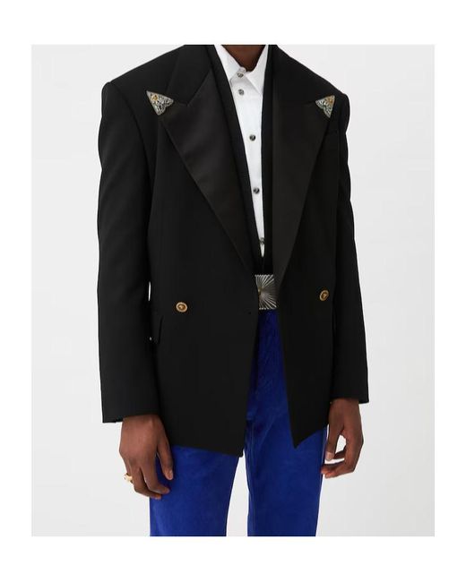 Versace Black Embroidered-Lapel Wool Stretch Blazer for men