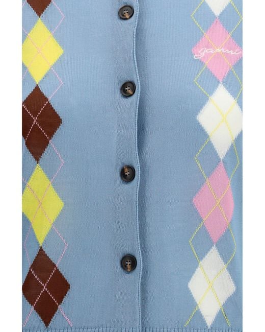 Ganni Blue Argyle Buttoned Cardigan