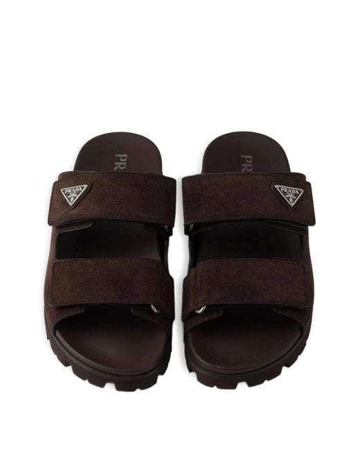 Prada Brown Enamel-Triangle Slip-On Sandals for men