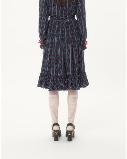 Valentino Blue Crepe De Chine Midi Skirt With Cherryfic Print