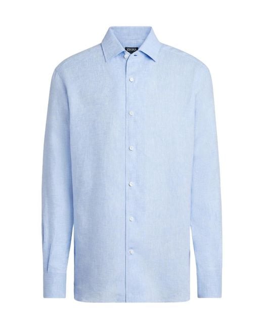 Zegna Blue Long-Sleeve Linen Shirt for men