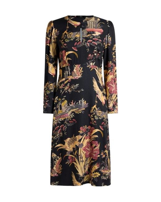 Etro Black Crepe Midi Dress With Flower And Animal Motif