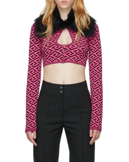 Versace Red La Greca Printed Cropped Cardigan