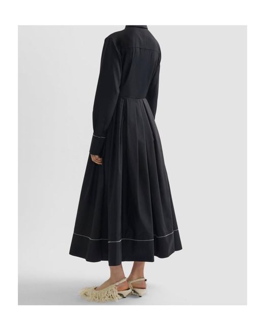 Erdem Black Embroidered Pleated Cotton-Poplin Midi Shirt Dress